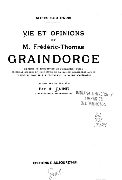 Couverture : Vie et opinions de M. Frédéric-Thomas Graindorge