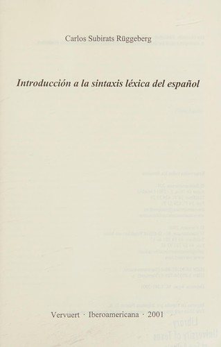 Couverture : Introducción a la sintaxis léxica del español