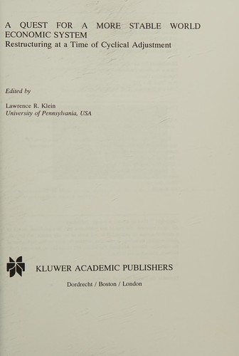 Couverture : A Quest for a more stable world economic system