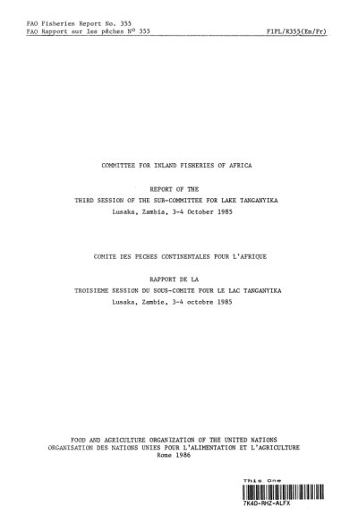 Couverture : Committee for Inland Fisheries of Africa: Report of the Third Session of the Sub-Committee for Lake Tanganyika 