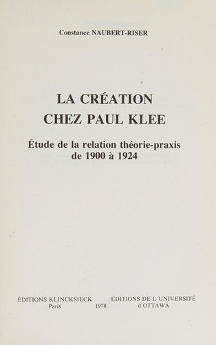 Couverture : La création chez Paul Klee