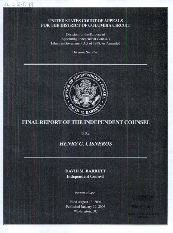 Couverture : Final report of the independent counsel in re--Henry G. Cisneros