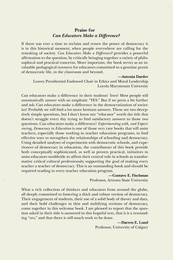 Couverture : Can Educators Make a Difference? Experimenting with and Experiencing, Democracy in Education