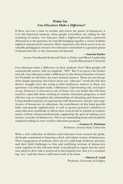 Couverture : Can Educators Make a Difference? Experimenting with and Experiencing, Democracy in Education
