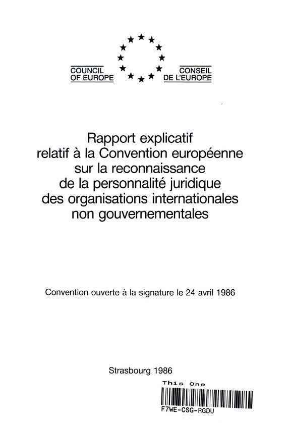 Couverture : Rapport explicatif relatif à la Convention européenne sur la reconnaissance de la personnalité juridique des organisations internationales non gouvernementales