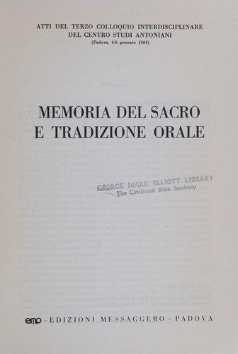 Couverture : Memoria del sacro e tradizione orale