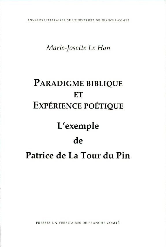 Couverture : Paradigme biblique et expérience poétique