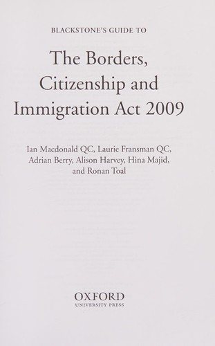Couverture : Blackstone's guide to the Borders, Citizenship and Immigration Act 2009