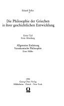 Couverture : Die Philosophie der Griechen in ihrer geschichtlichen Entwicklung. Erster Teil. Erste Abteilung. Erste Hälfte, Allgemeine Einleitung. Vorsokratische Philosophie ([Faks.]) Eduard Zeller