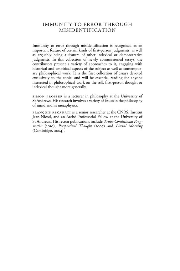 Couverture : Immunity to Error Through Misidentification