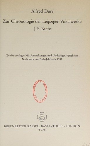 Couverture : Zur Chronologie der Leipziger Vokalwerke J. S. Bachs