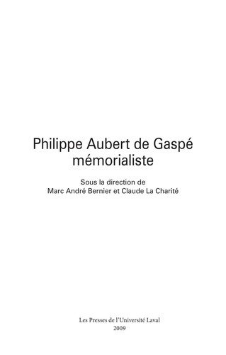Couverture : Philippe Aubert de Gaspé mémorialiste