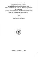 Couverture : Kritische Analysen zu den Grundproblemen der transzendentalen Phänomenologie Husserls unter besonderer Berücksichtigung der Philosophie Descartes'