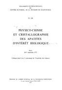 Couverture : Physico-chimie et cristallographie des apatites d'intérêt biologique